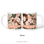 Left and right views of a personalised ceramic mug with a print of  'Roses' painting  by Vincent Van Gogh, shown on a white background. 