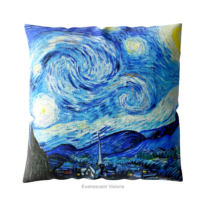 A square artistic themed cushion featuring Vincent van Gogh's 'Starry Night' painting' in blue and yellow tones.