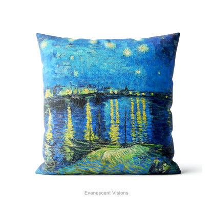 A square art cushion featuring Vincent van Gogh's 'Starry Night over the Rhone' painting' in blue and yellow tones.