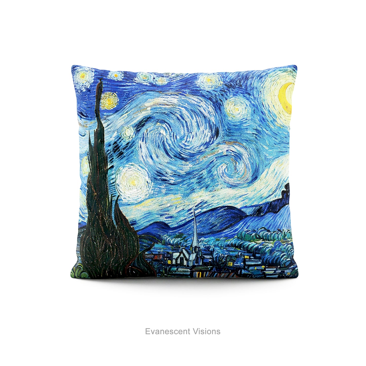 A square artistic themed cushion featuring Vincent van Gogh's 'Starry Night' painting' in blue and yellow tones, shown on a background.