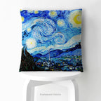 A square artistic themed cushion featuring Vincent van Gogh's 'Starry Night' painting' in blue and yellow tones, shown on a white stool.