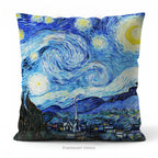 A square artistic themed cushion featuring Vincent van Gogh's 'Starry Night' painting' in blue and yellow tones.