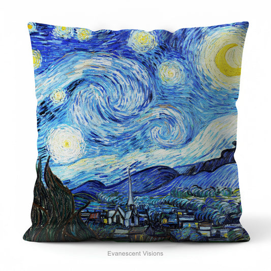 A square artistic themed cushion featuring Vincent van Gogh's 'Starry Night' painting' in blue and yellow tones.