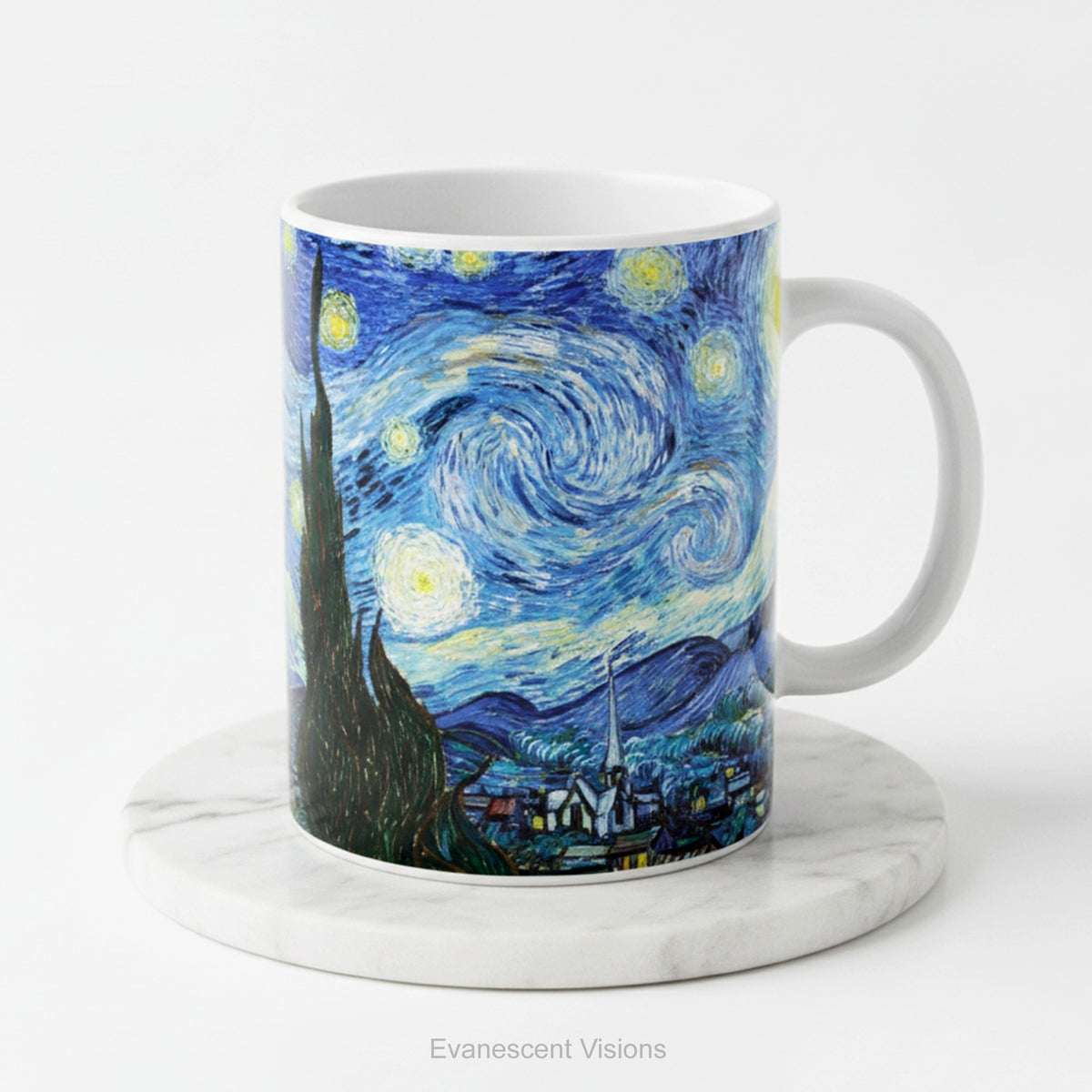 Starry Night ceramic art mug on a white background. 