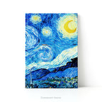 A hardback journal featuring Van Gogh's Starry Night painting, standing on a white table.