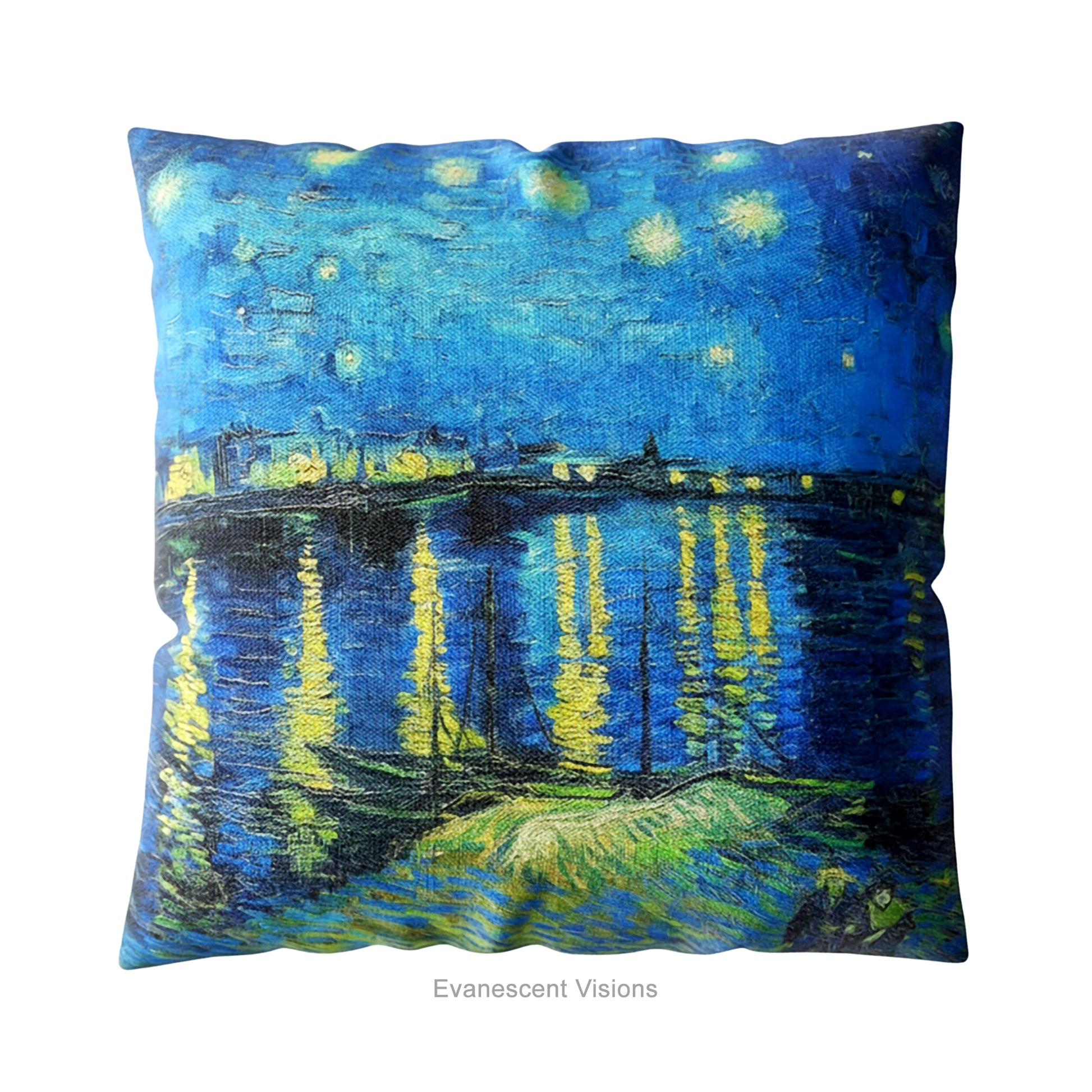A square art cushion featuring Vincent van Gogh's 'Starry Night over the Rhone' painting' in blue and yellow tones.