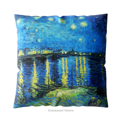 A square art cushion featuring Vincent van Gogh's 'Starry Night over the Rhone' painting' in blue and yellow tones.