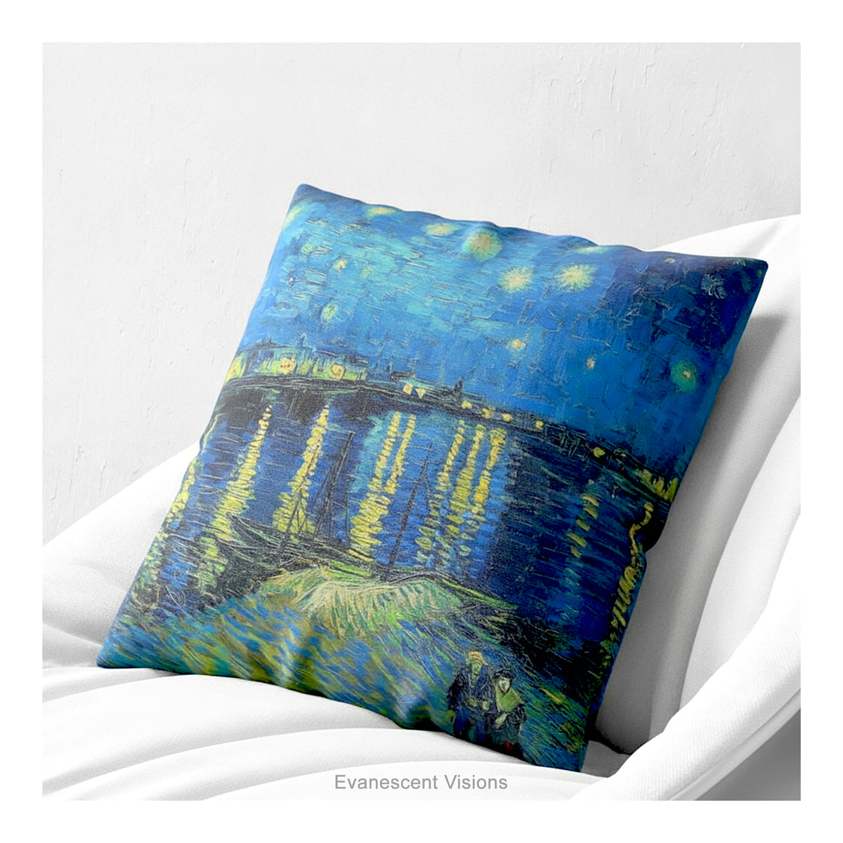 A square art cushion featuring Vincent van Gogh's 'Starry Night over the Rhone' painting' in blue and yellow tones, shown on a white armchair.