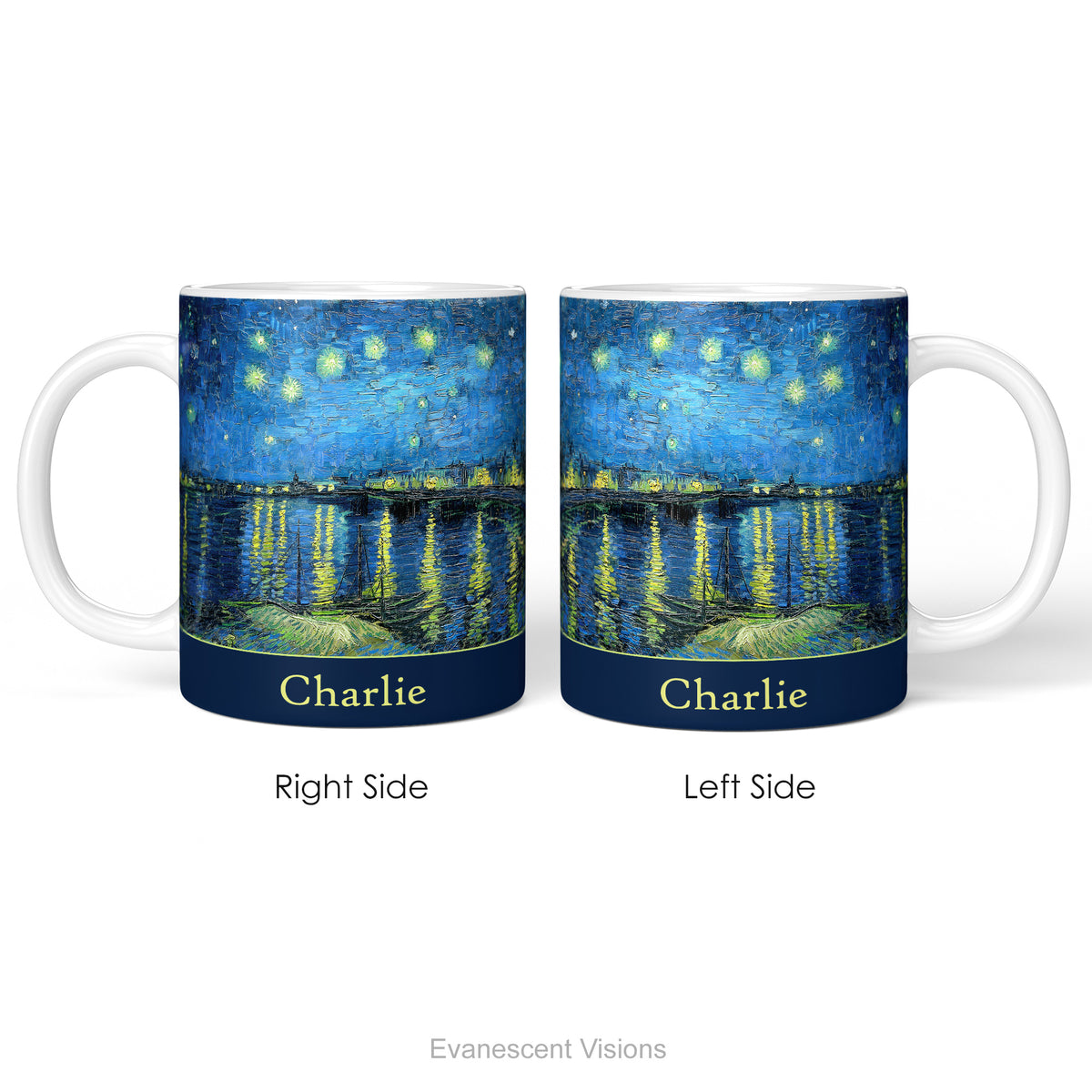 Left and right side views of the Starry Night Over the Rhône ceramic mug.