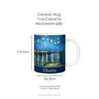 Starry Night Over the Rhône ceramic mug with mug dimensions.