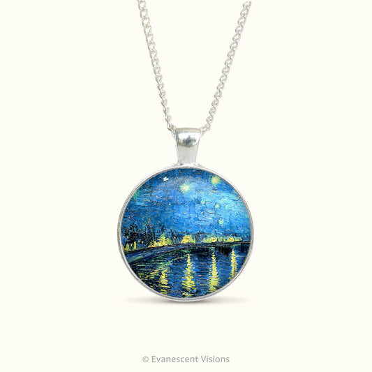 Necklace with pendant featuring Van Gogh's 'Starry Night over the Rhone' on a white background.