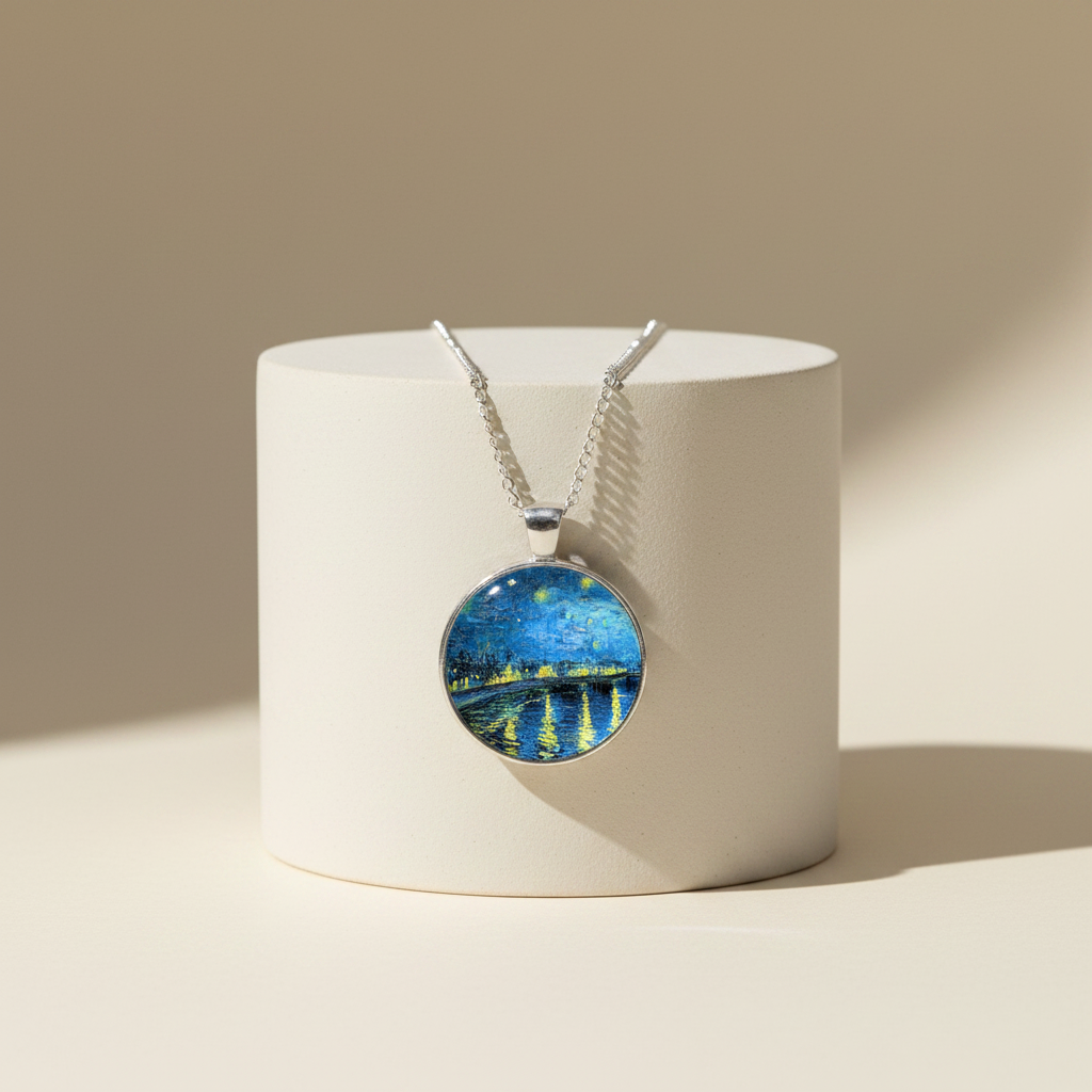Necklace with pendant featuring Van Gogh's 'Starry Night over the Rhone' draped on a cylinder. 