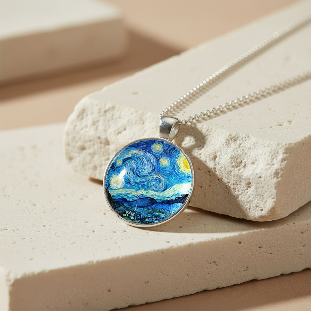 Pendant necklace with artwork detail from 'The Starry Night' by Vincent Van Gogh displayed on beige stone blocks.