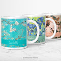 3 white ceramic personalised mugs in a row each with a floral impressionist painting by Vincent Van Gogh, shown on a white background.  