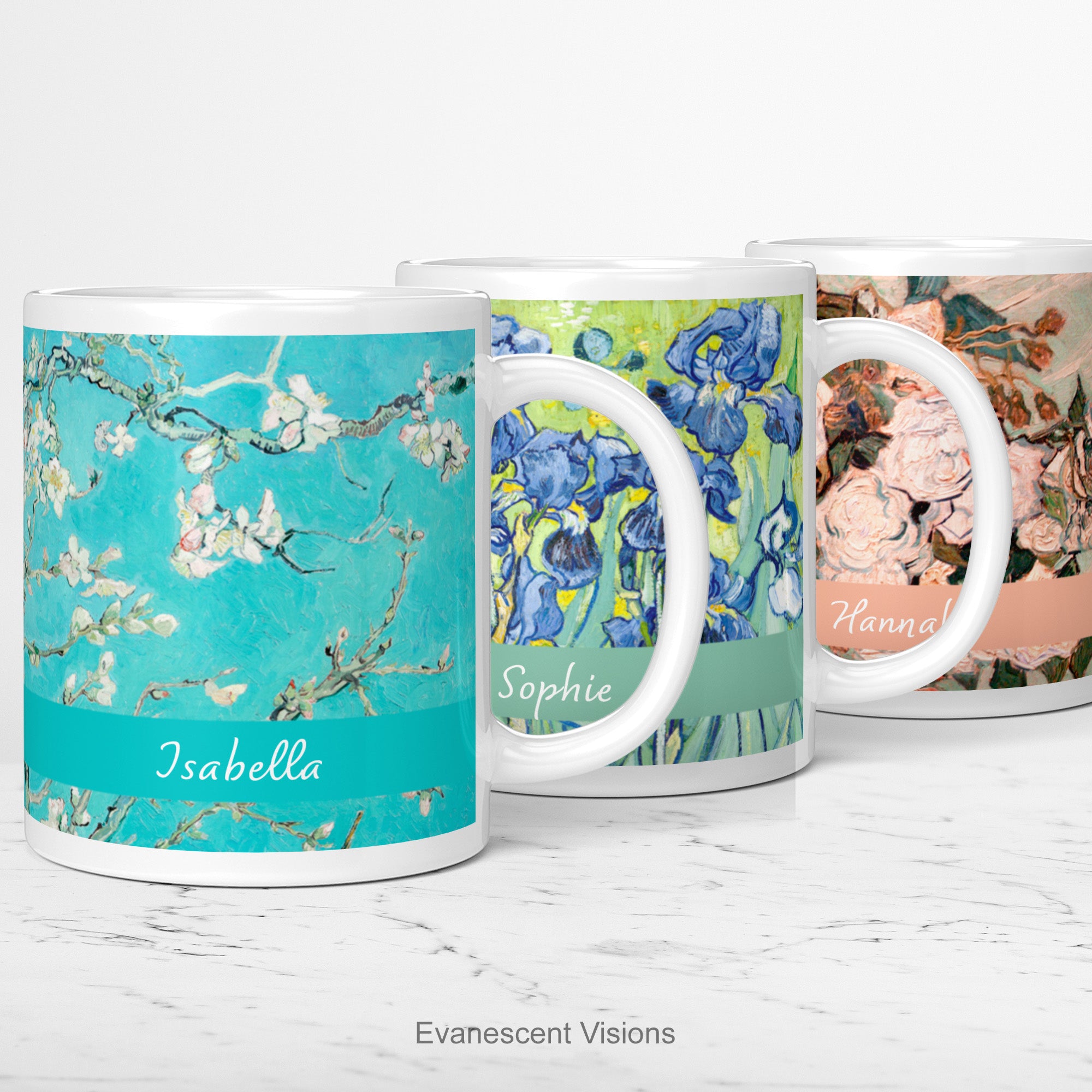 3 white ceramic personalised mugs in a row each with a floral impressionist painting by Vincent Van Gogh, shown on a white background.  