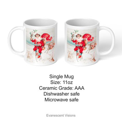 Product details for the Santa Christmas Mug, with a vintage painting of Santa on a Penny Farthing bycicle.