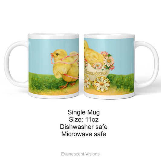 Ceramic mug with vintage design of Easter Chicks seen from both sides and product details underneath