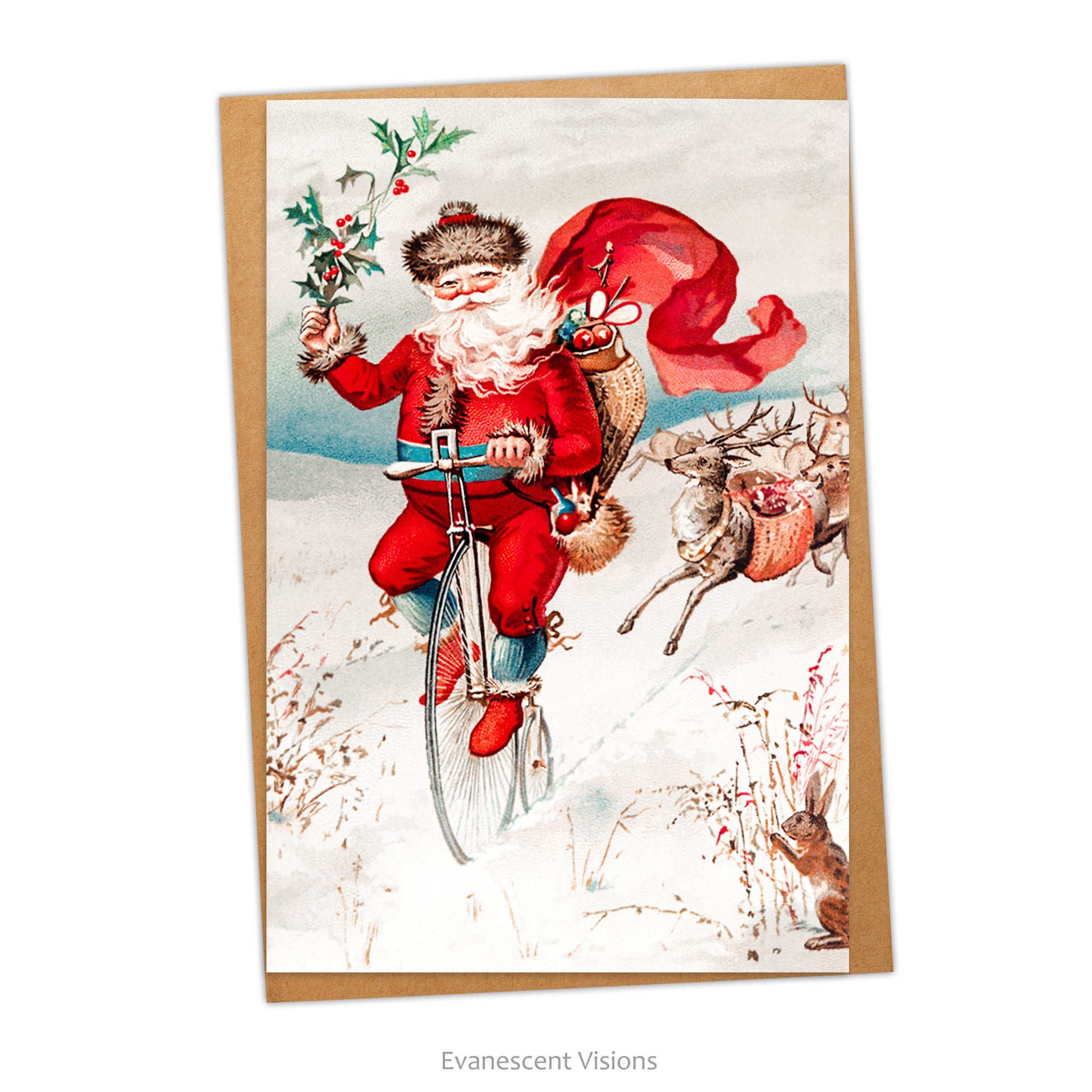 Card and envelope. Image on card shows a Father Christmas riding a penny farthing with a reindeer following him. He holds a sprig of holly.