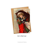 Card and envelope. Card shows a snowy image of little girl in red coat holding an umbrella and a puppy in her muff, with a wreath of holly