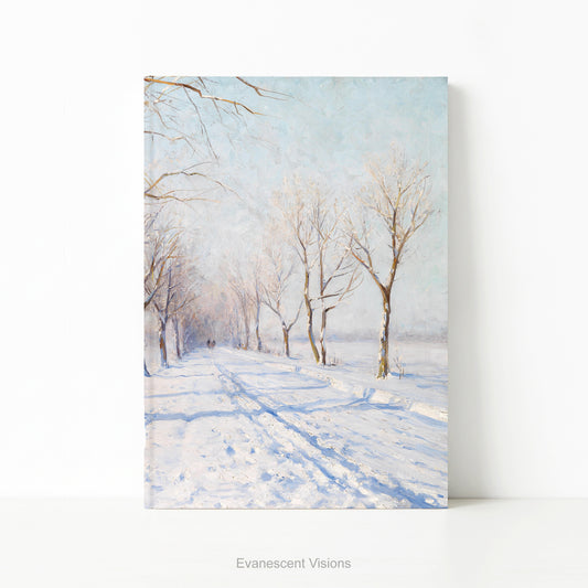 A hardback notebook featuring  a winter landscape from painting A Sunny Winters Day by Walter Moras. 