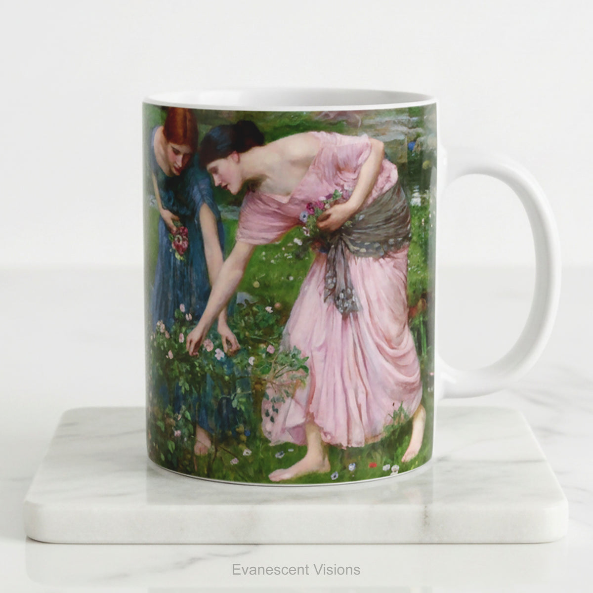 Ceramic mug featuring painting 'Gather Ye Rosebuds While Ye May ' by John William Waterhouse.