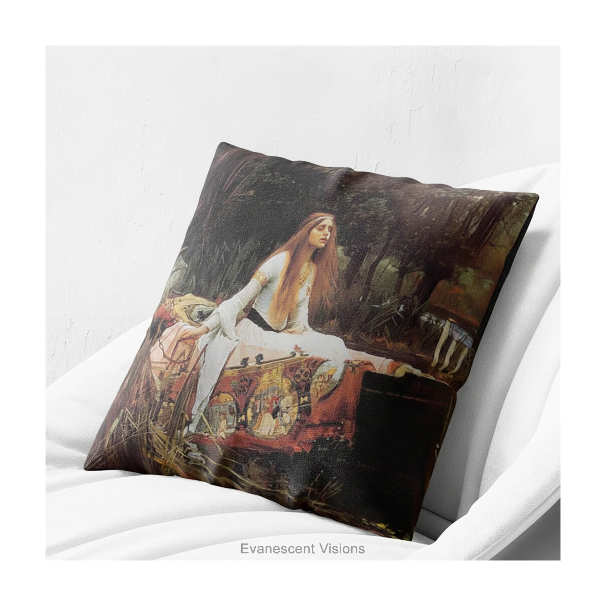 A square decorative cushion  featuring the painting 'The Lady of Shalott' by JW Waterhouse, shown on a white chair.