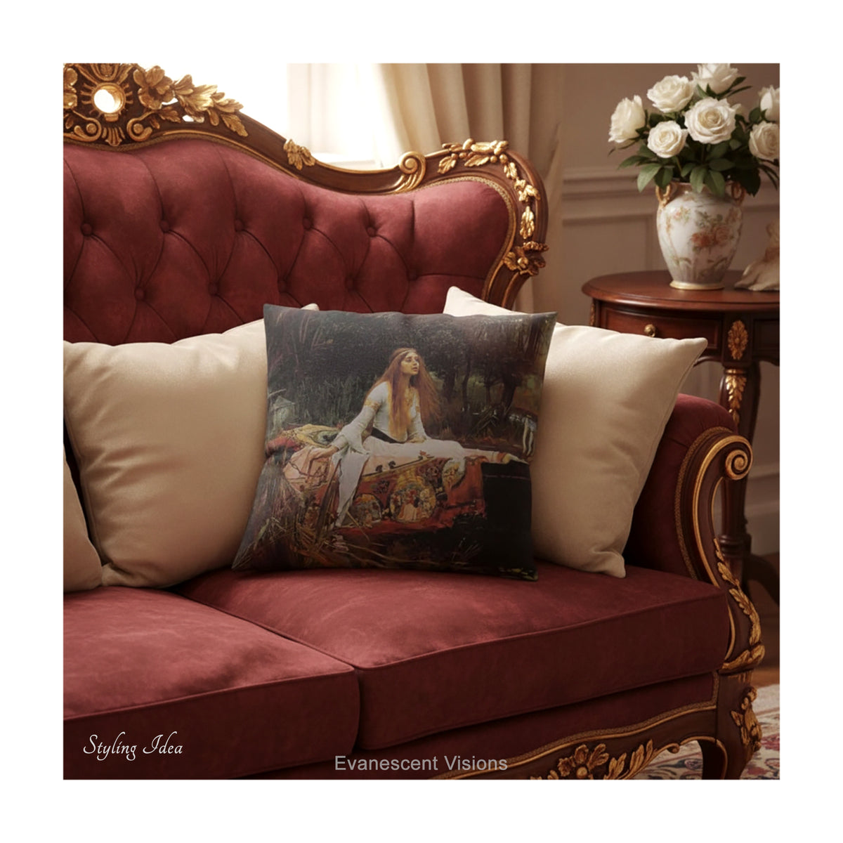 A square decorative cushion  featuring the painting 'The Lady of Shalott' by JW Waterhouse, shown on baroque style red couch. 