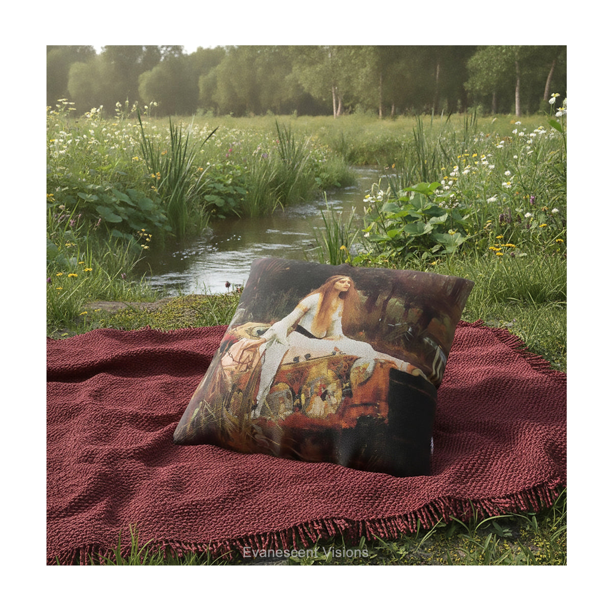 A square decorative cushion  featuring the painting 'The Lady of Shalott' by JW Waterhouse, shown a red blanket by a small river. 
