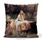 A square decorative cushion  featuring the painting 'The Lady of Shalott' by JW Waterhouse.