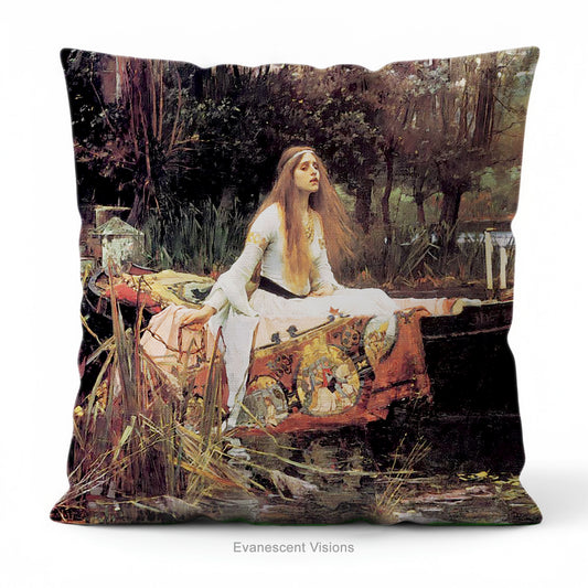 A square decorative cushion  featuring the painting 'The Lady of Shalott' by JW Waterhouse.