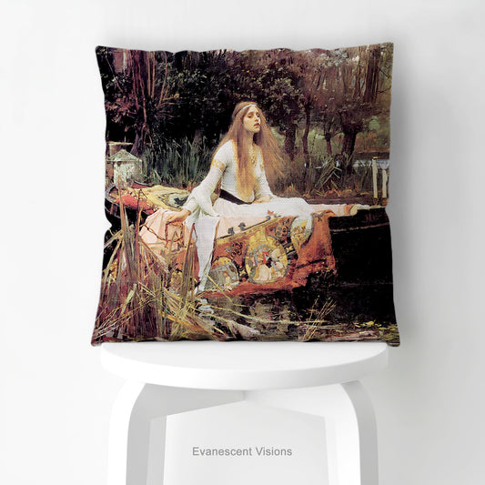 A square decorative cushion  featuring the painting 'The Lady of Shalott' by JW Waterhouse, shown on a white stool.