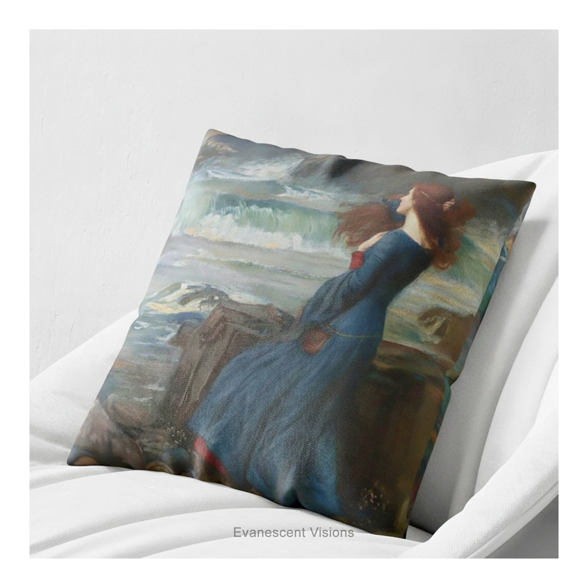 A decorative cushion featuring a print of the painting 'Miranda - The Tempest' by JW Waterhouse, shown on a white chair and background.  