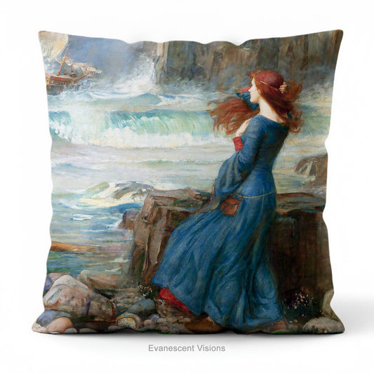 A decorative cushion featuring a print of the painting 'Miranda - The Tempest' by JW Waterhouse.