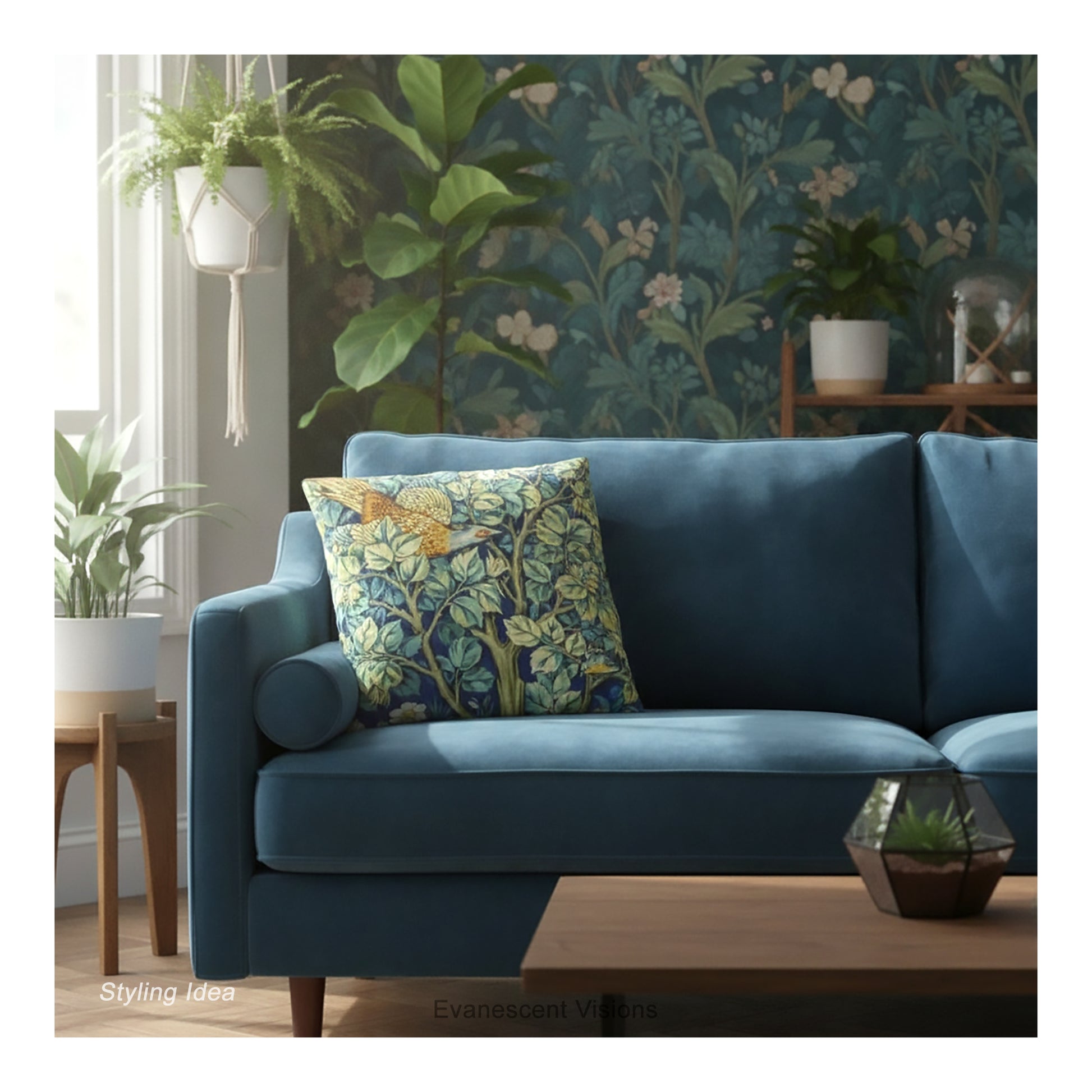 A square decorative cushion  with design 'Cock Pheasant ' by William Morris, on a blue sofa in a botanical themed room. 