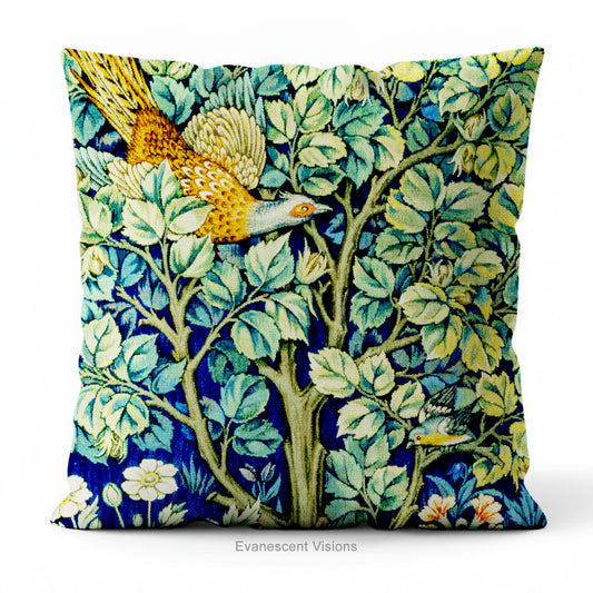 A square decorative cushion on a white chair with design 'Cock Pheasant ' by William Morris. 