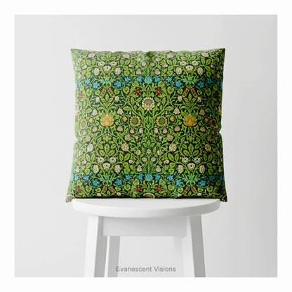 A square decorative cushion on a white stool featuring the floral pattern 'Violet and Columbine' by William Morris.