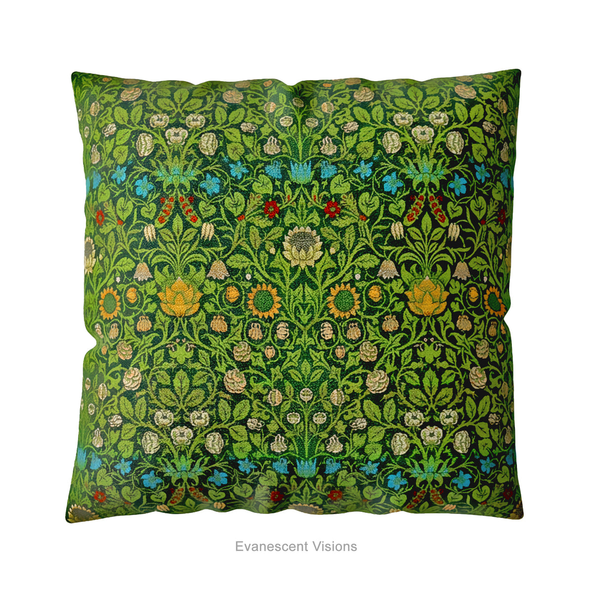 A square decorative cushion on a white background, featuring the floral pattern 'Violet and Columbine' by William Morris.
