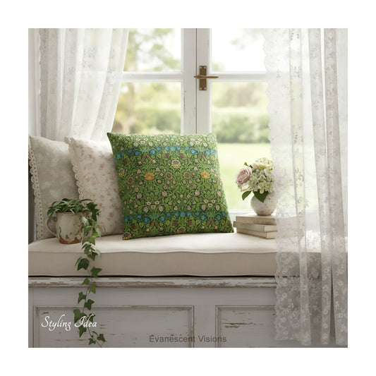 A square decorative featuring the floral pattern 'Violet and Columbine' by William Morris, shown on a window seat with floral decor. 