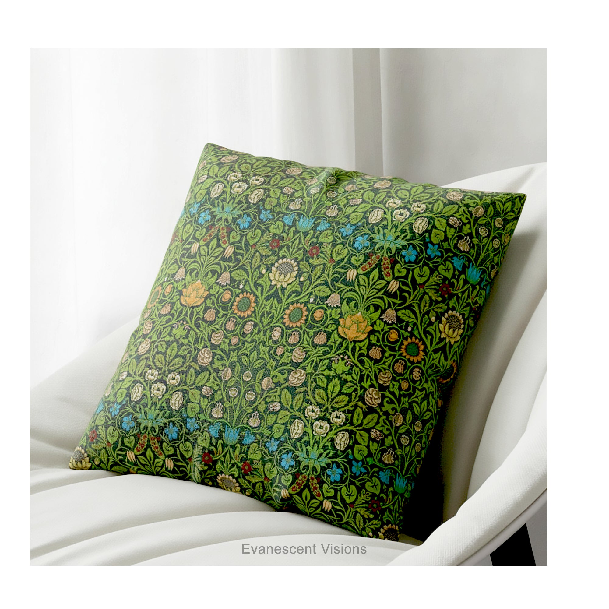 A square decorative cushion on a white chair featuring the floral pattern 'Violet and Columbine' by William Morris.