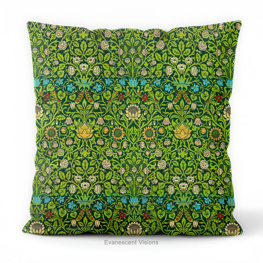 A square decorative cushion on a white background, featuring the floral pattern 'Violet and Columbine' by William Morris.