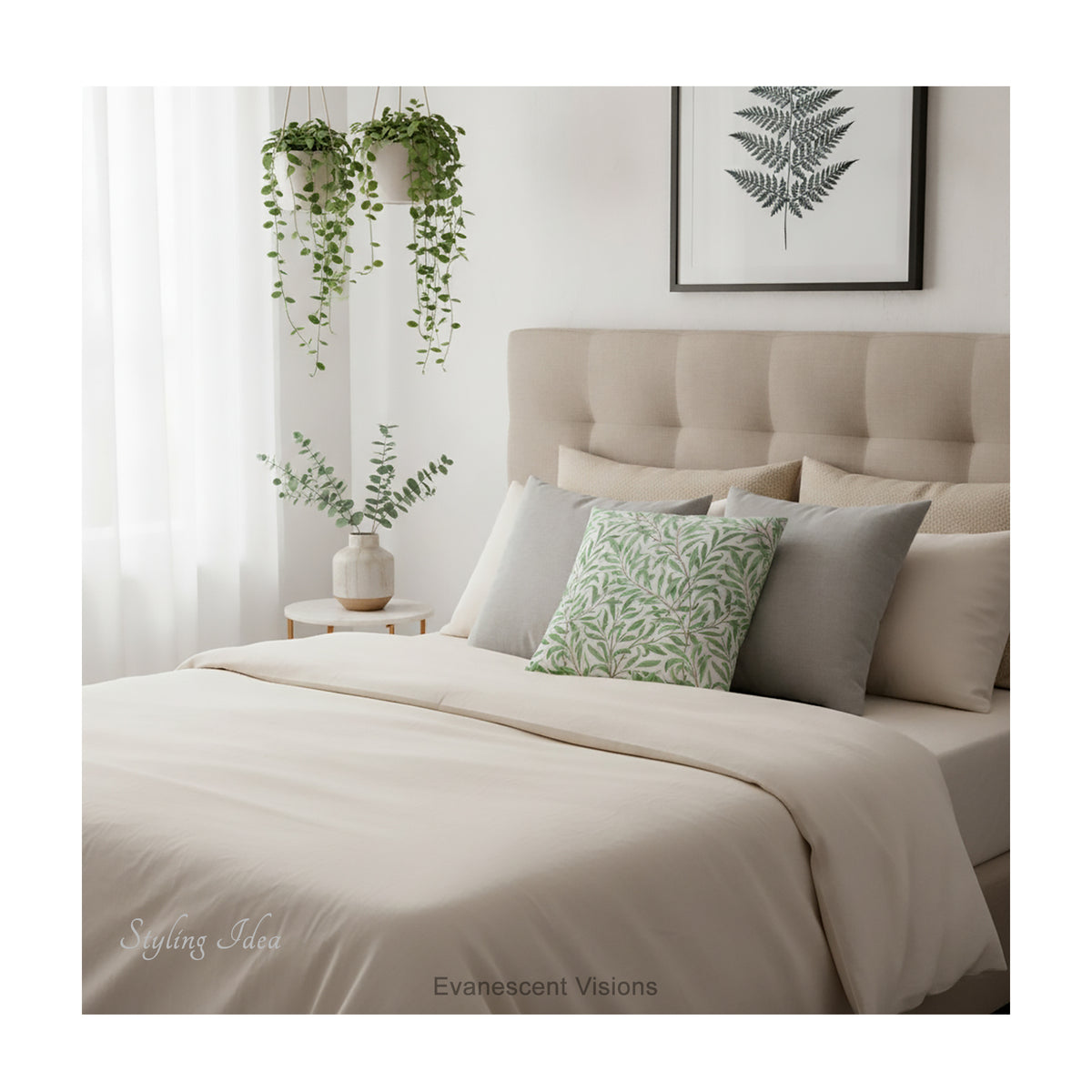 A square decorative cushion with green botanical pattern titled 'Willow Bough' by William Morris, shown styled on a bed in neutral tones. 