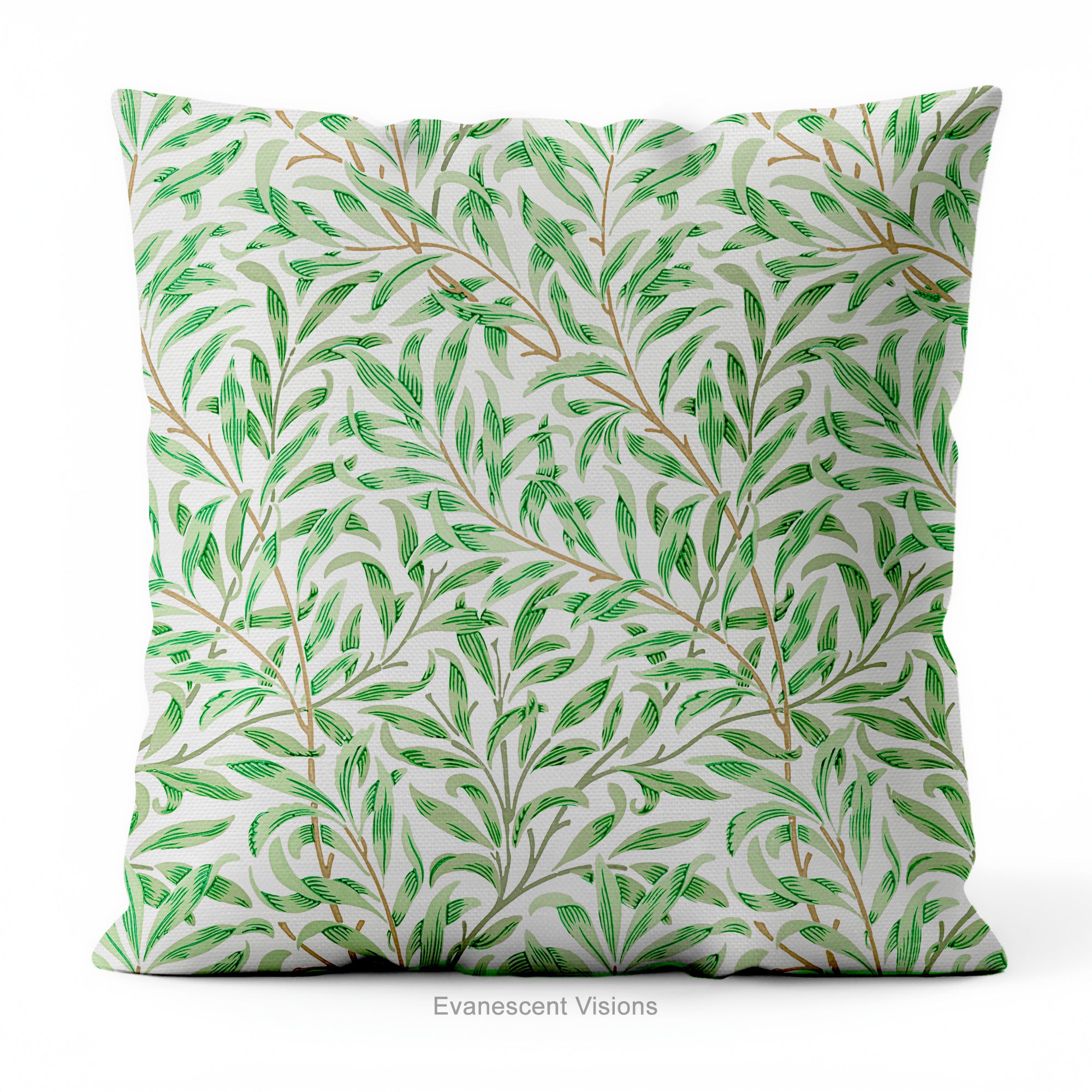 A square decorative cushion with green botanical pattern titled 'Willow Bough' by William Morris.