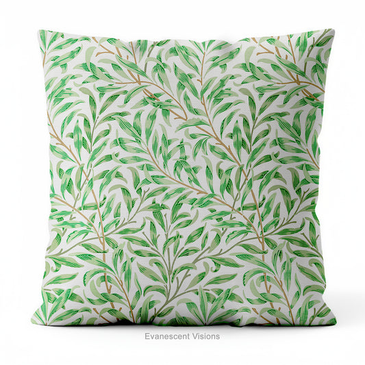 A square decorative cushion with green botanical pattern titled 'Willow Bough' by William Morris.