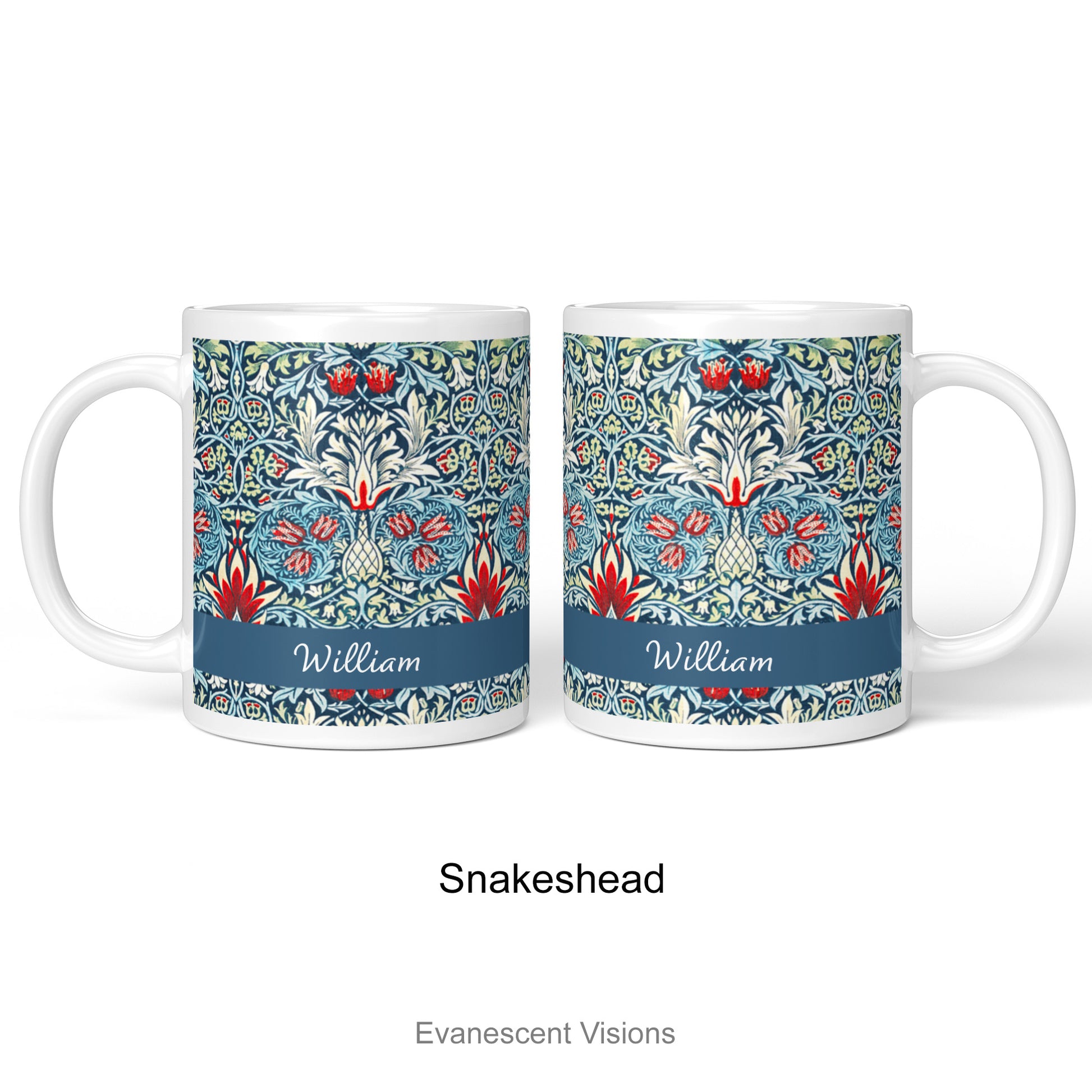 Left and right view of the 'Snakeshead' design Personalised William Morris patterned mug