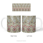 Left and right side views of a ceramic mug featuring print of floral design  'Corncockle' by William Morris.