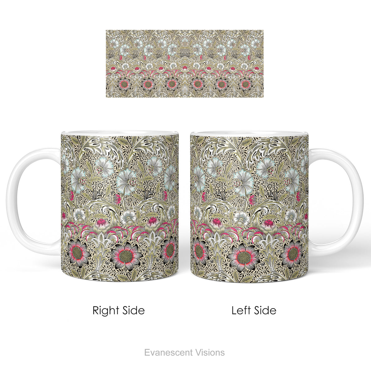 Left and right side views of a ceramic mug featuring print of floral design  'Corncockle' by William Morris.