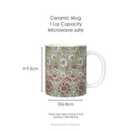 A  ceramic mug featuring print of floral design  'Corncockle' by William Morris, with mug dimensions.
