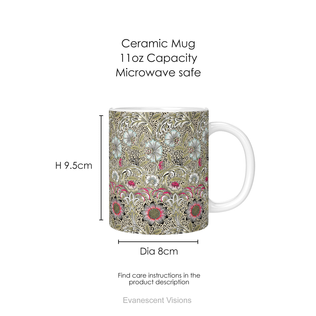 A  ceramic mug featuring print of floral design  'Corncockle' by William Morris, with mug dimensions.