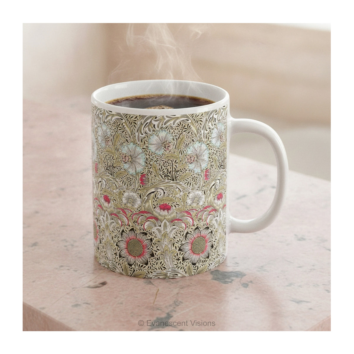 Corncockle floral mug styled on a pink marble counter. 