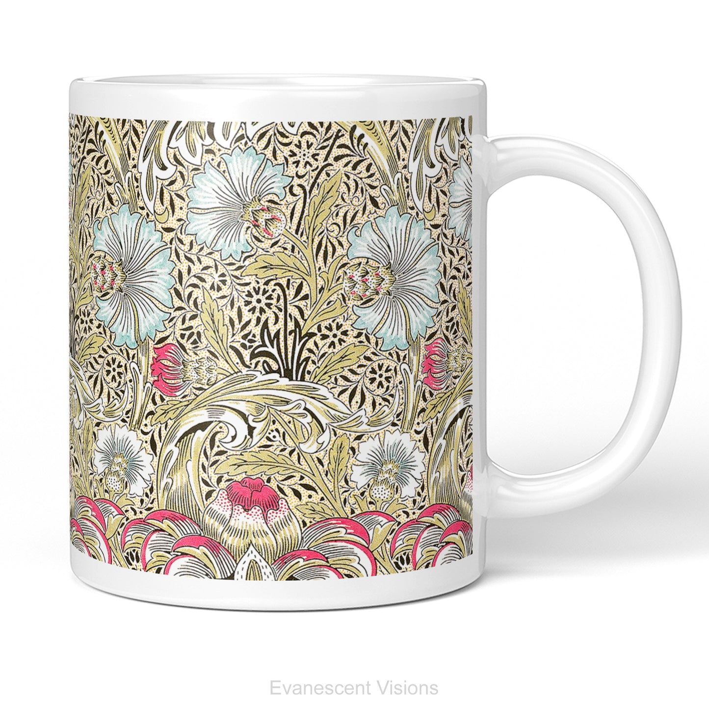 A white ceramic mug featuring the intricate floral design titled 'Corncockle' by William Morris on a clean white background. 